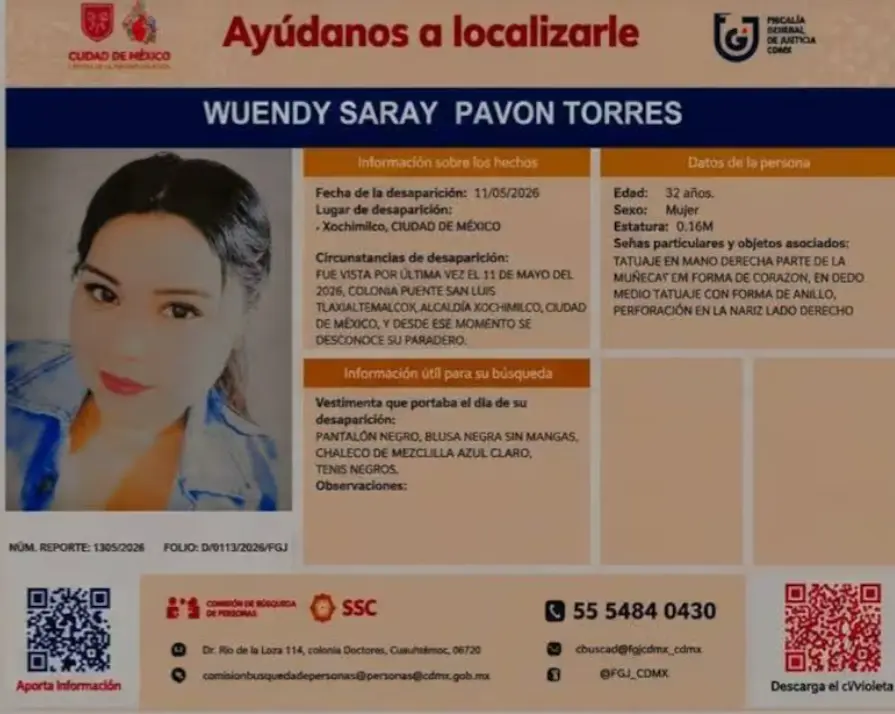 Wuendy fue vista por última vez el 11 de mayo en la colonia Pueblo San Luis Tlaxialtemalco, de la alcaldía Xochimilco. Especial