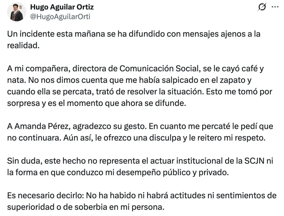 Ante las críticas, Hugo Aguilar emitió un mensaje en su cuenta oficial de X explicando que a su vocera se le había derramado café. Especial