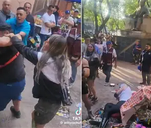 M&aacute;ximo arroja a luchador en puesto de m&aacute;scaras y se desata brutal pelea con comerciante
