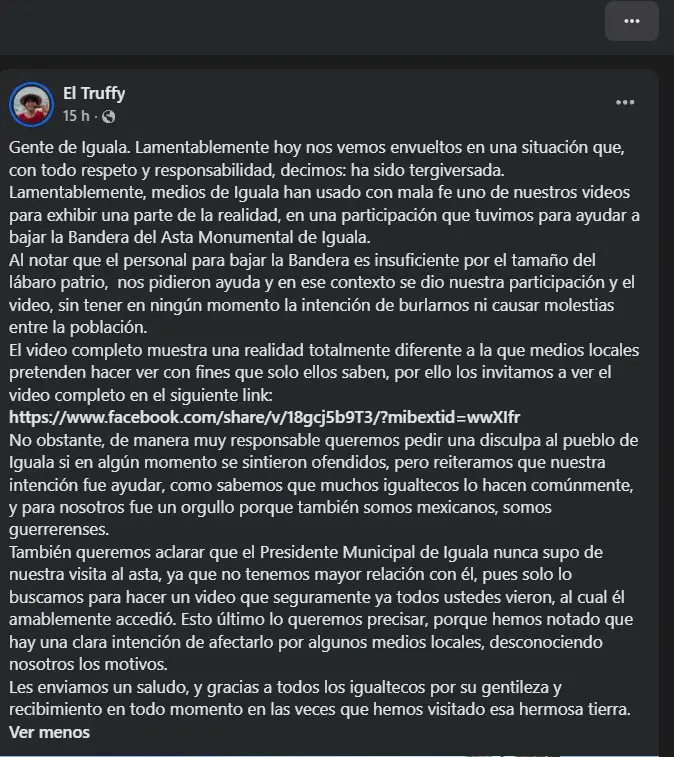 Ofrece disculpas al pueblo de Iguala pero no borra el video de sus redes Especial