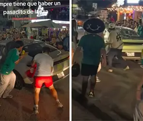 Aficionado rompe vidrio trasero de un auto durante festejos por triunfo de M&eacute;xico en Playa del Carmen