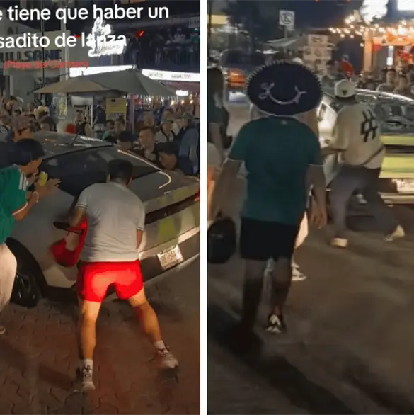 Aficionado rompe vidrio trasero de un auto durante festejos por triunfo de México en Playa del Carmen Aficionado rompe vidrio trasero de un auto durante festejos por triunfo de México en Playa del Carmen