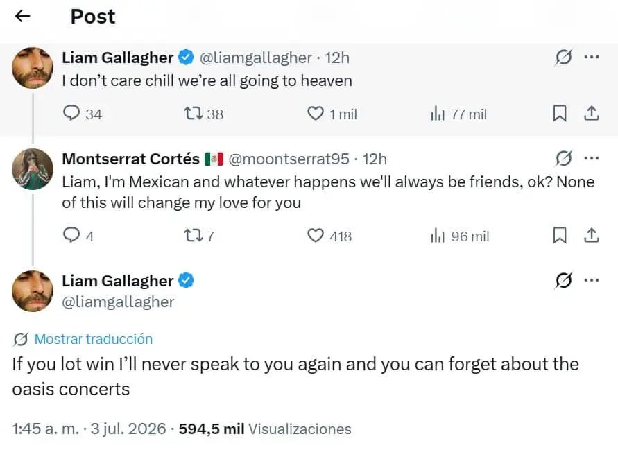 Vocalista de Oasis amenaza con no volver a México Redes sociales