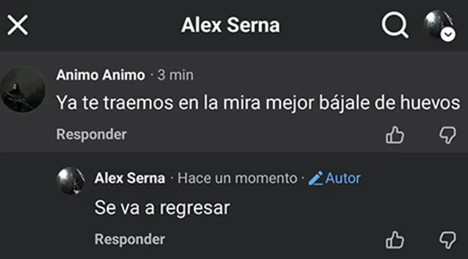 Amenazas contra Alex Serna. Facebook