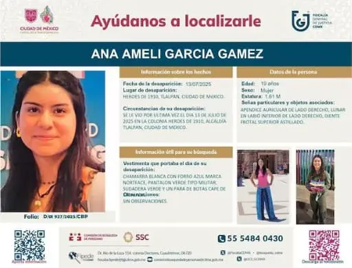 Ana Amelí fue vista por última vez el pasado 12 de julio de 2025. Especial