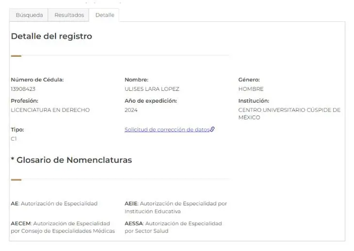 Registro Nacional de Profesionistas, cédula de Ulises Lara. (Captura de pantalla)