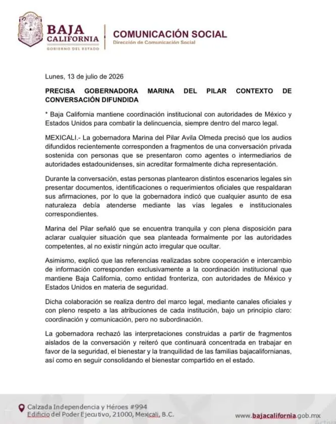 El gobierno de BC confirmó la autenticidad delos audios donde Marina del Pilar se muestra dispuesta a colaborar con el FBI. Especial