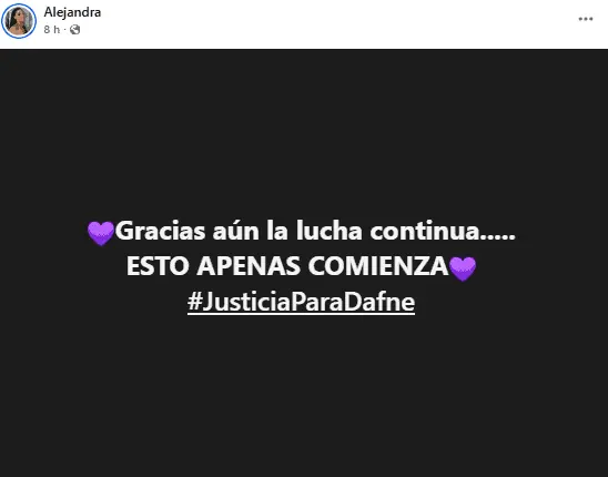 Minutos después, a las 22:48 horas, Alejandra Quintos volvió a publicar otro mensaje, esta vez sobre un fondo negro acompañado de un corazón morado. RRSS.