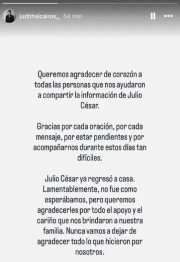 Mensaje de Judith Sicairos, prima de Julio César Arredondo, en redes sociales. Especial