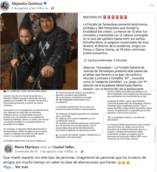 En la publicación difundida por Alejandra Quintos se presenta una hipótesis donde se sostiene que la adolescente habría muerto por asfixia mecánica tras ser sometida dentro de un WC de la academia. RRSS.