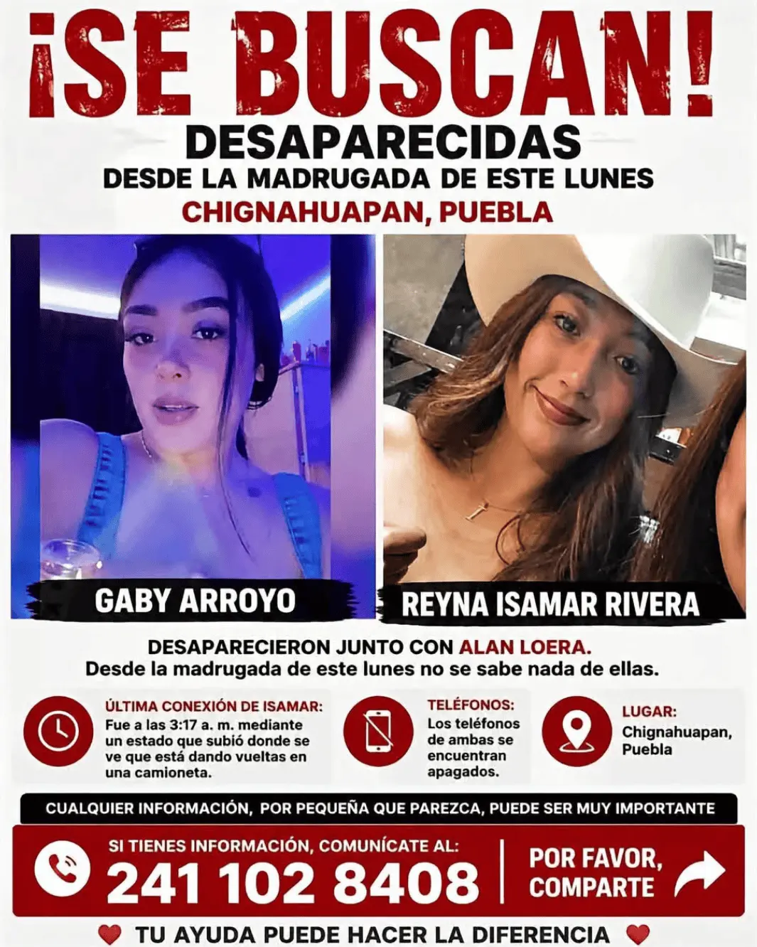 Gabriela, Reyna y Alan fueron vistos por última vez durante la madrugada del lunes 24 de agosto, después de salir de fiesta en Chignahuapan. Especial
