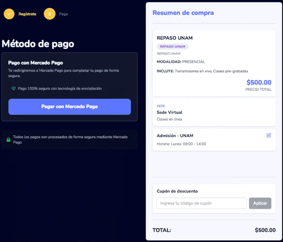 Supuesta tarifa para el curso de admision de la UNAM en la pagina de Más Preparación Especial