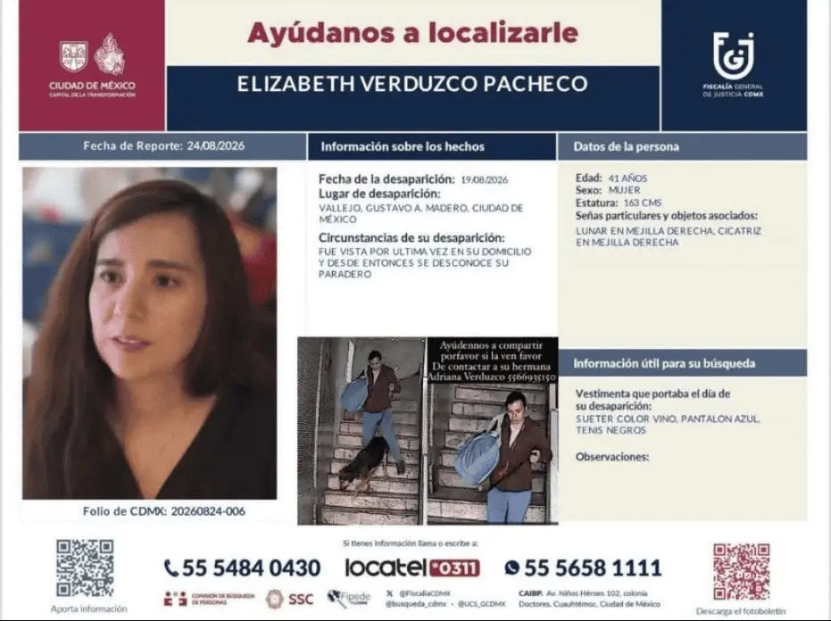 Los familiares de Elizabeth también acudieron a hospitales en busca de información, pero hasta el momento no encontraron registros que indicaran que estuviera internada en alguno de esos sitios. Fiscalía CDMX.