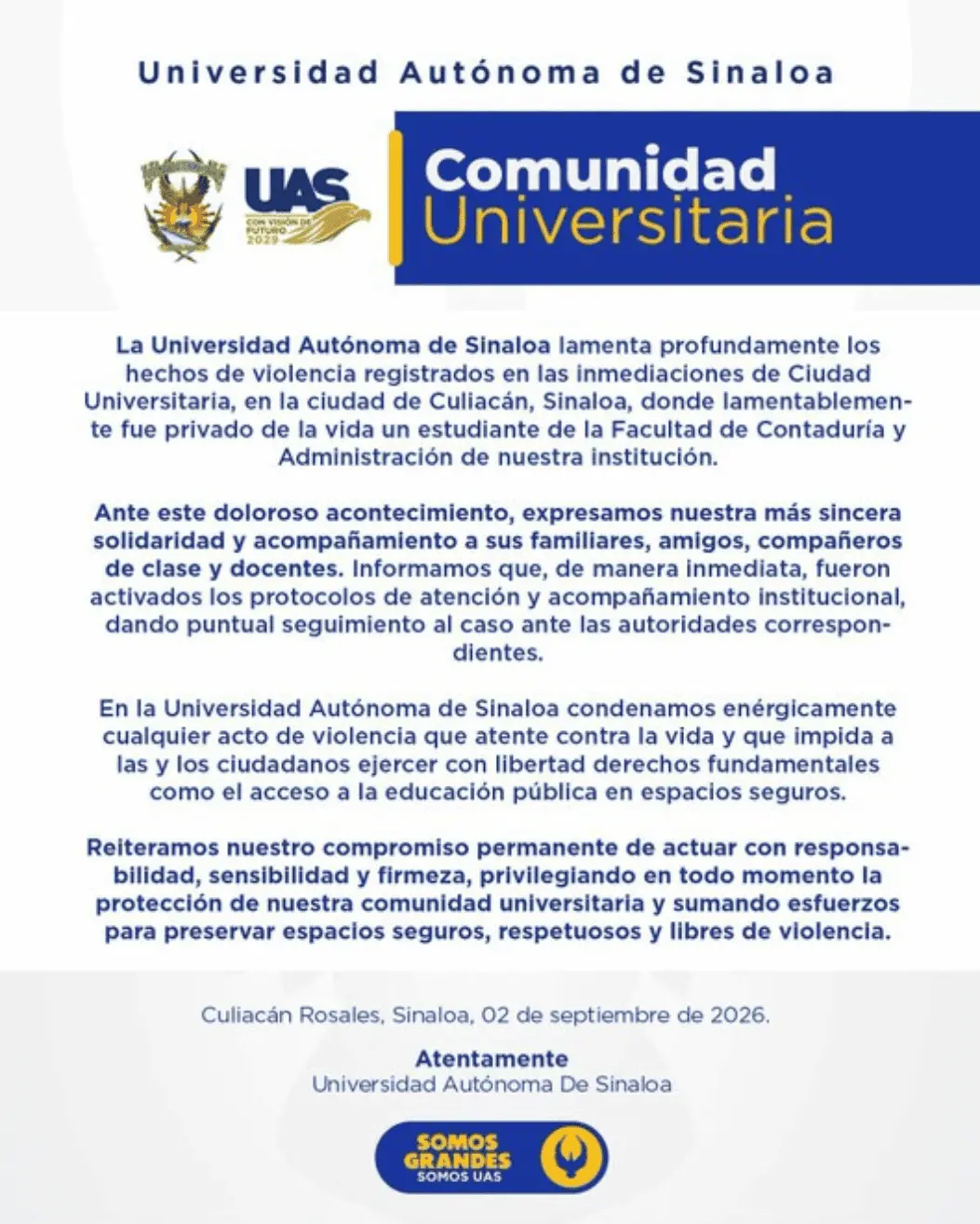 La Universidad Autónoma de Sinaloa condenó los hechos. Especial