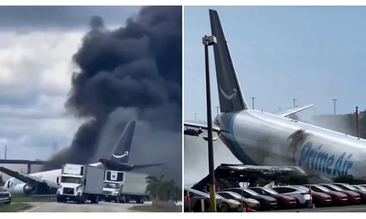  Así fue el momento en que un avión de Amazon se salió de la pista y se incendió en Miami 