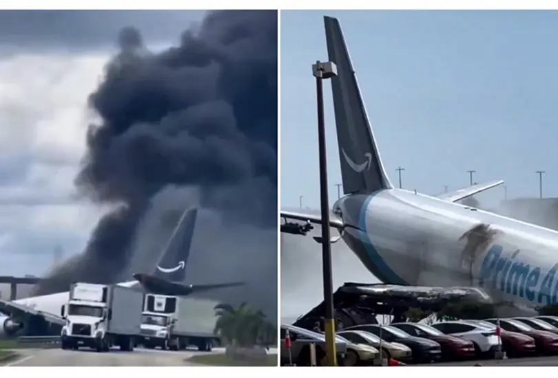 Así fue el momento en que un avión de Amazon se salió de la pista y se incendió en Miami Así fue el momento en que un avión de Amazon se salió de la pista y se incendió en Miami