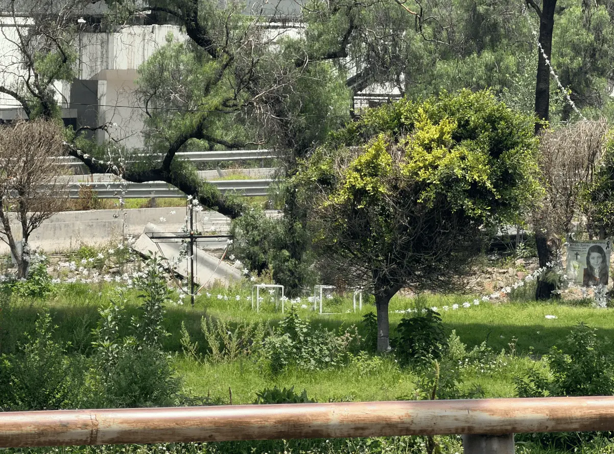 El paso del tiempo tambi&eacute;n es visible en el entorno del memorial. Restos de bolsas de pl&aacute;stico, botellas aplastadas y trozos de cart&oacute;n se acumulan junto a la cruz, mientras la vegetaci&oacute;n crece alrededor del lugar.
