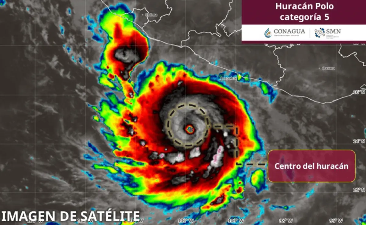  Tras intensificarse rápidamente a categoría 5, el huracán Polo mantiene su trayectoria frente a las costas de México y genera condiciones de riesgo en cinco estados del Pacífico. 