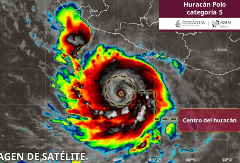 Tras intensificarse rápidamente a categoría 5, el huracán Polo mantiene su trayectoria frente a las costas de México y genera condiciones de riesgo en cinco estados del Pacífico. Tras intensificarse rápidamente a categoría 5, el huracán Polo mantiene su trayectoria frente a las costas de México y genera condiciones de riesgo en cinco estados del Pacífico.