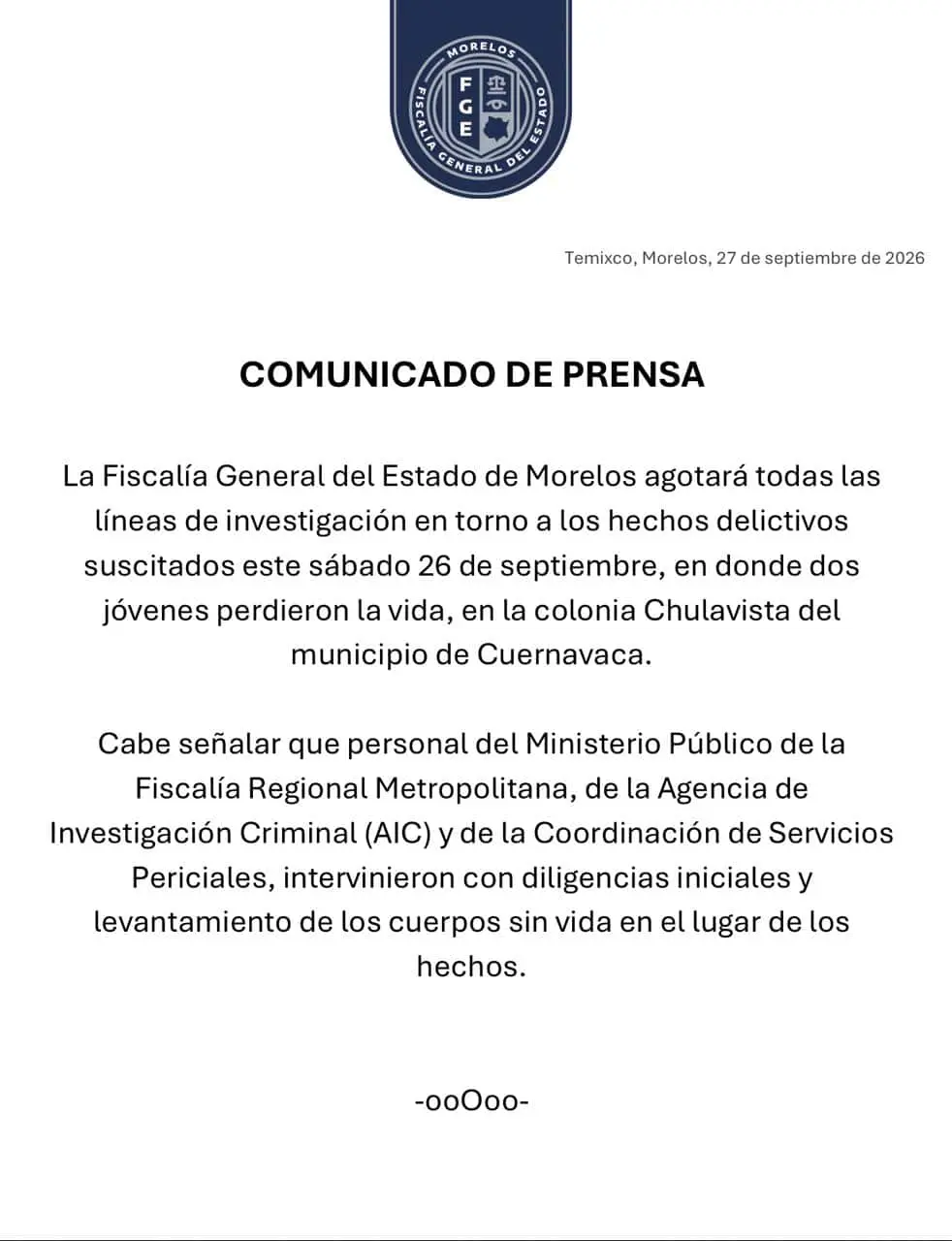 Comujnicado de la Fiscalía Especial