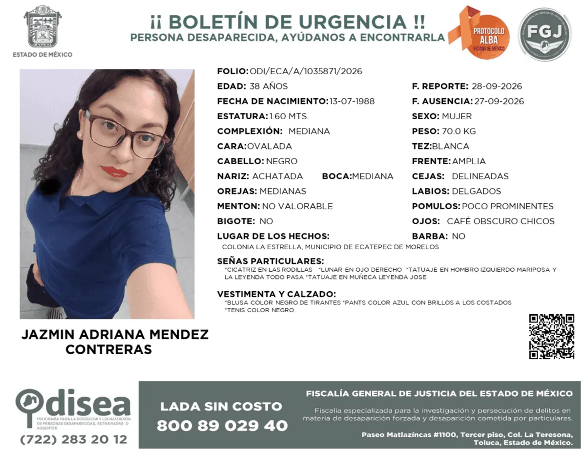 Jazmín Adriana fue vista por última vez el 27 de septiembre en Ecatepec, Estado de México. Especial