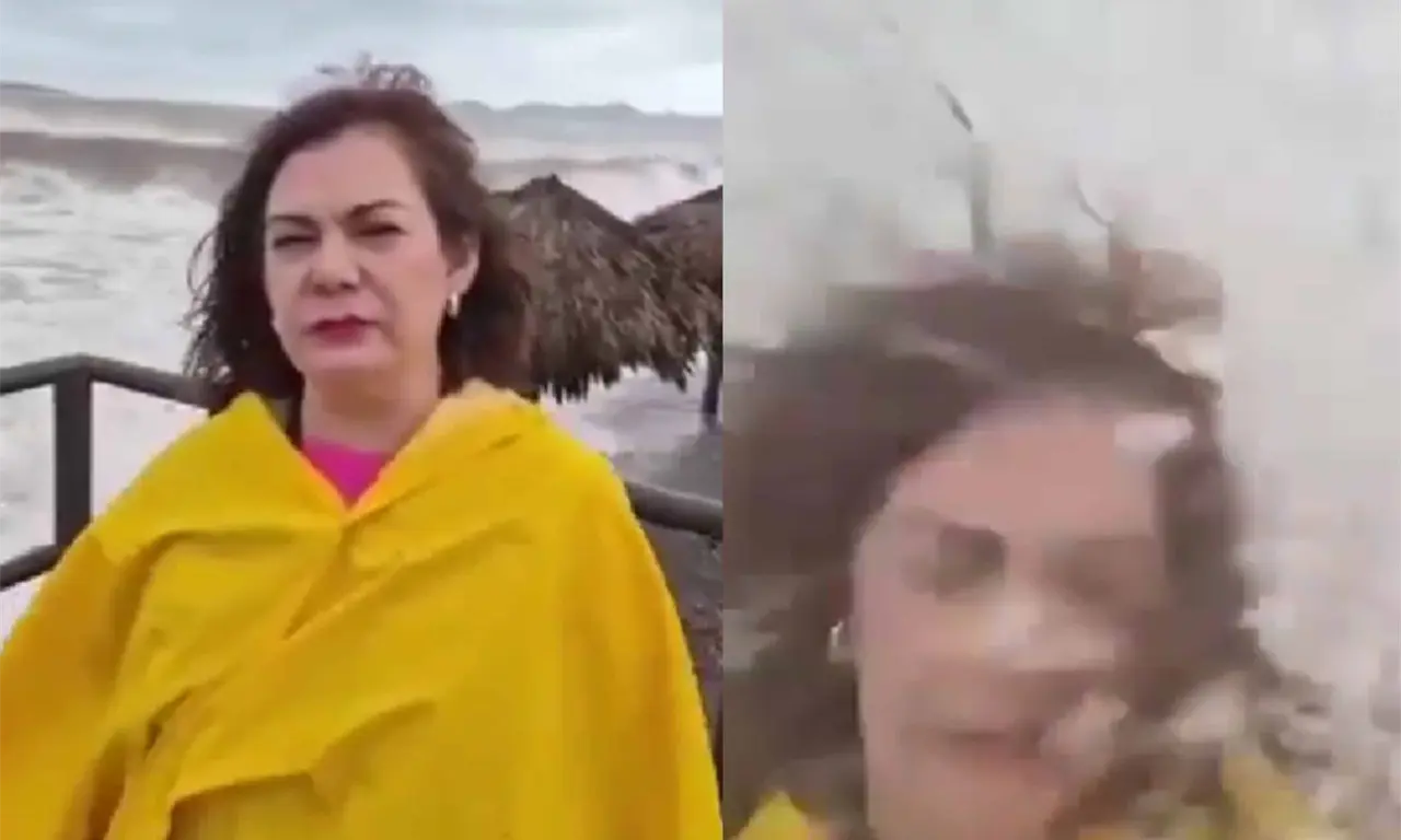  La reportera Yesicka Ojeda fue alcanzada por una enorme ola mientras realizaba una transmisión en vivo durante el paso del huracán Polo por Sonora. 