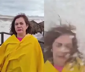 Reportera es sorprendida por gigantesca ola durante cobertura del hurac&aacute;n Polo en Sonora