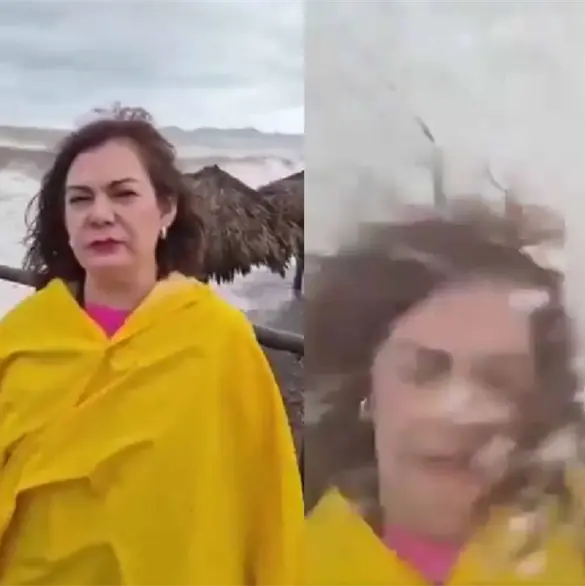 Reportera es sorprendida por gigantesca ola durante cobertura del hurac&aacute;n Polo en Sonora