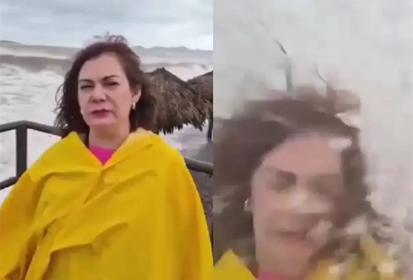 La reportera Yesicka Ojeda fue alcanzada por una enorme ola mientras realizaba una transmisión en vivo durante el paso del huracán Polo por Sonora. La reportera Yesicka Ojeda fue alcanzada por una enorme ola mientras realizaba una transmisión en vivo durante el paso del huracán Polo por Sonora.