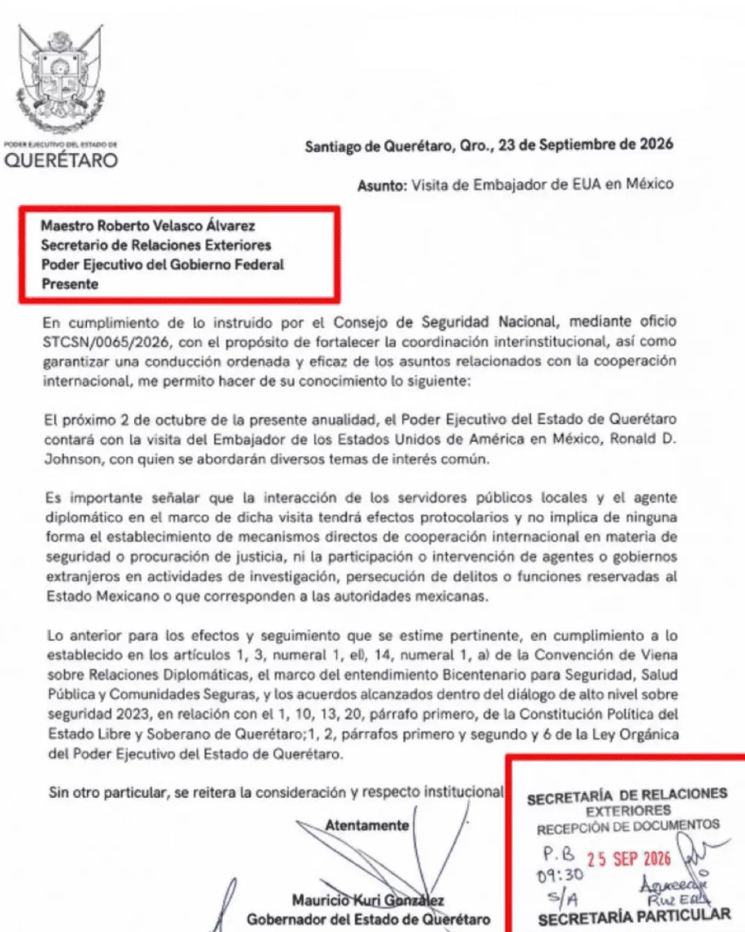 El Gobierno de Querétaro mostró un oficio enviado a la Secretaría de Relaciones Exteriores. Especial