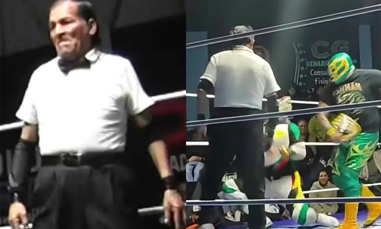  Las imágenes muestran lo ocurrido dentro del ring antes de que el réferi quedara tendido sobre la lona. 