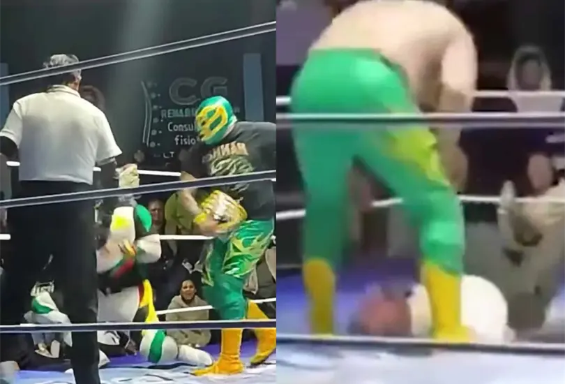 Un nuevo video de la lucha entre El Hijo de Fishman y M&aacute;scara Sagrada NG pone en duda que el r&eacute;feri El B&uacute;ho haya muerto tras recibir un martinete en Hidalgo.