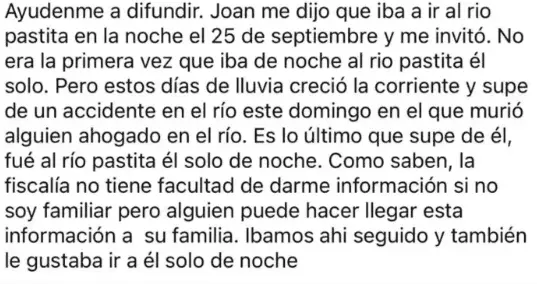 En su publicación, explicó que esa era la última información que tenía sobre su amigo y solicitó que el mensaje llegara hasta los familiares del estudiante. RRSS.