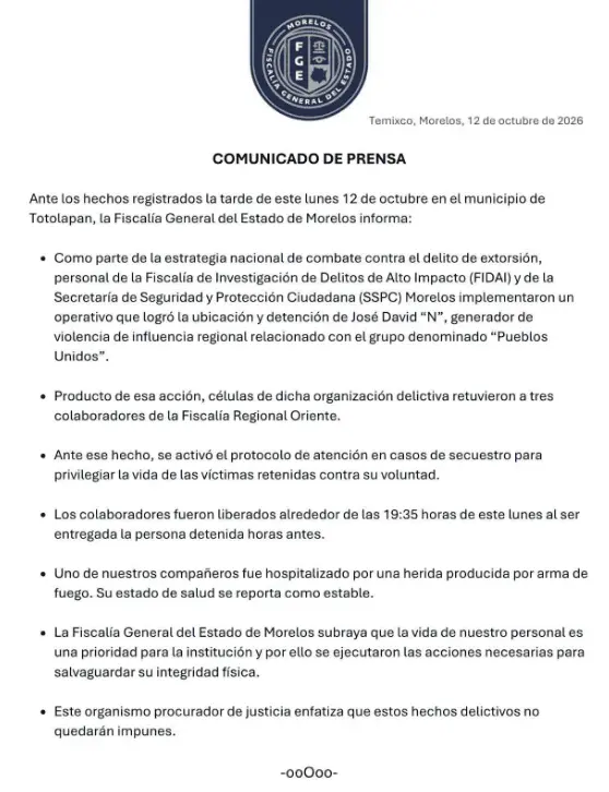 La Fiscalía General del Estado (FGE) de Morelos informó que el hombre fue detenido durante un operativo contra delitos de alto impacto y posteriormente liberado. FGE.