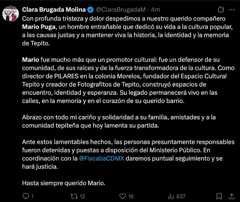 La jefa de Gobierno de la Ciudad de México, Clara Brugada, lamentó el fallecimiento del activista y reconoció su trayectoria en favor de la cultura popular y la memoria de Tepito. RRSS.
