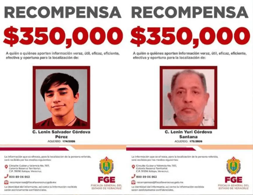 La Fiscalía General del Estado (FGE) anunció recompensas de 350 mil pesos por información que permita localizar a Lenin Salvador, expareja de la víctima, y a su padre, Lenin Yuri, señalado por presuntamente ayudarlo a evadir a las autoridades. FGE.