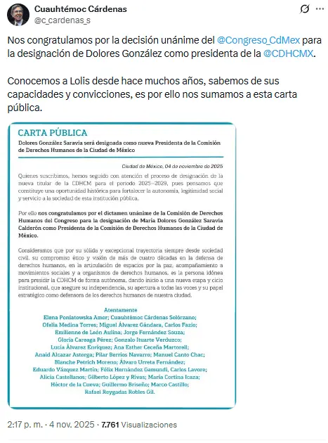 El mensaje de noviembre de 2025 se centró en la llegada de Dolores González a la presidencia de la comisión capitalina. RRSS.